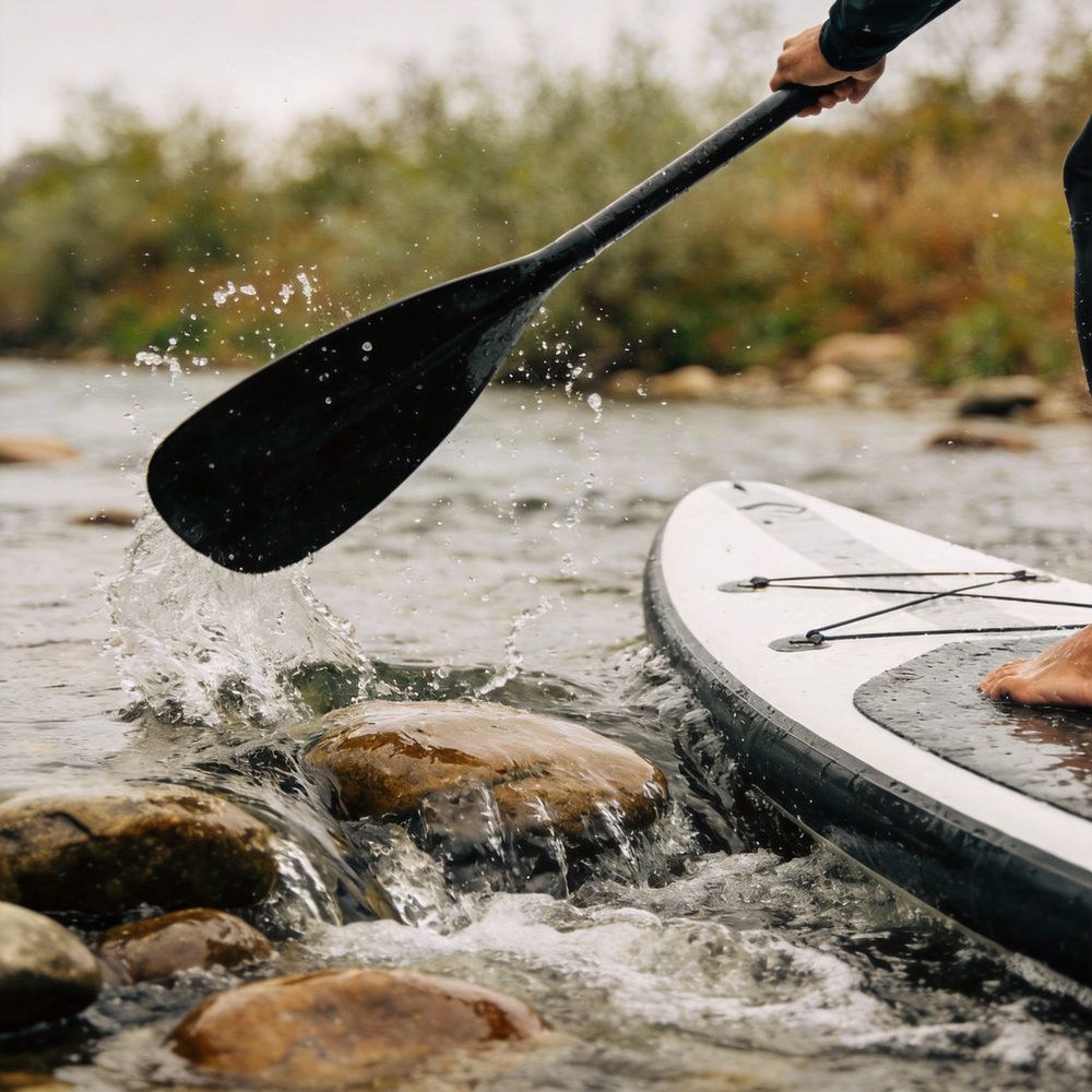 The river board in shallow moving water