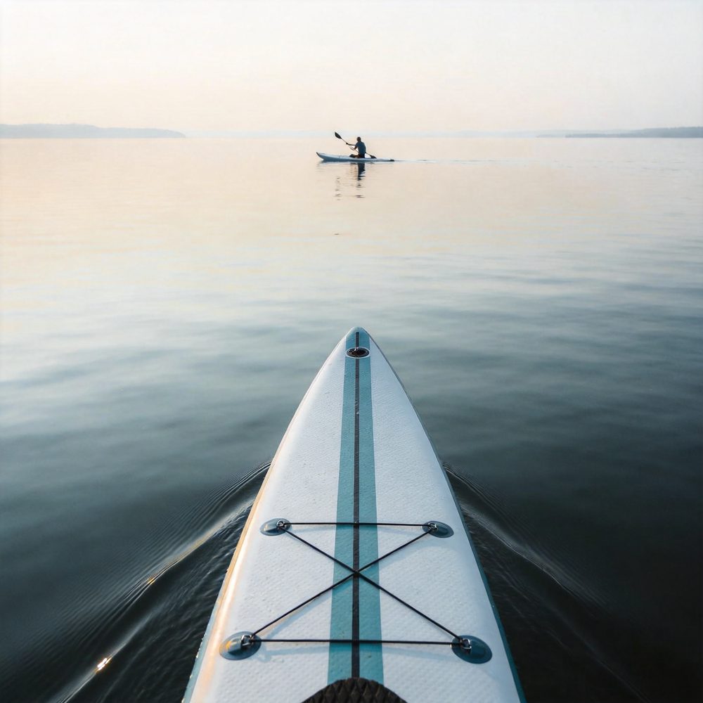 The touring board gliding across a lake